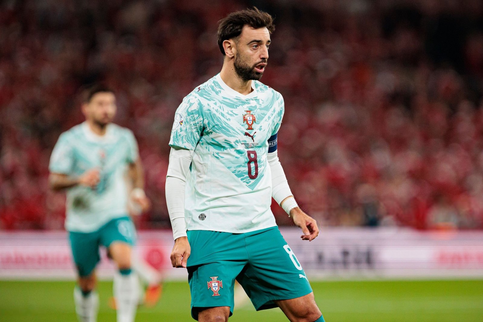 Bruno Fernandes in Portugal's mint-green away football kit
