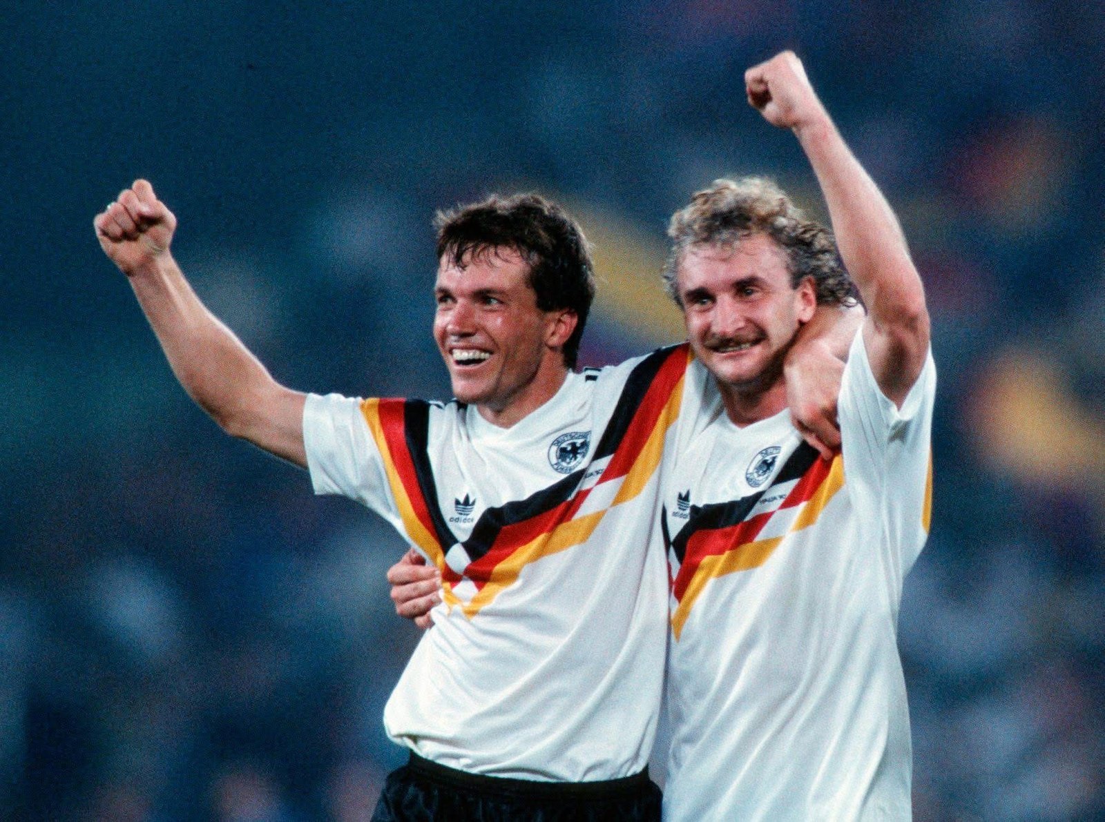West Germany players in the classic 1990 home football shirt