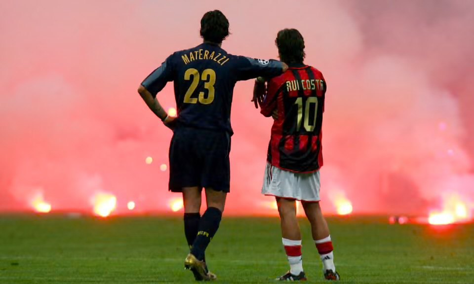 Inter and AC Milan football shirts side by side during the Milan derby